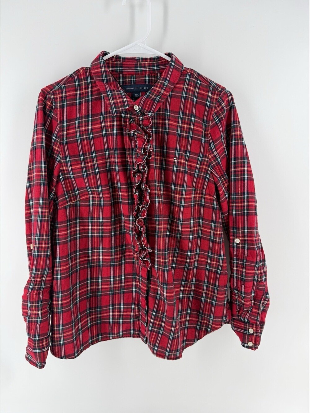 Tommy Hilfiger Womens Large Red Tartan Plaid Ruffle Front Button Up Shirt